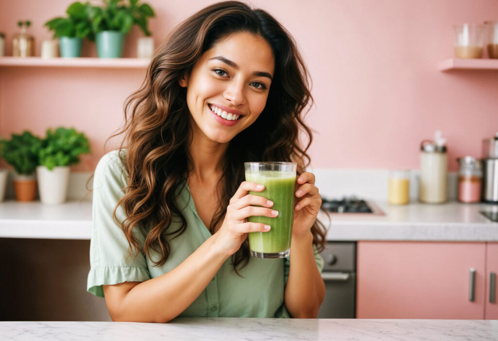 woman holding green smoothie