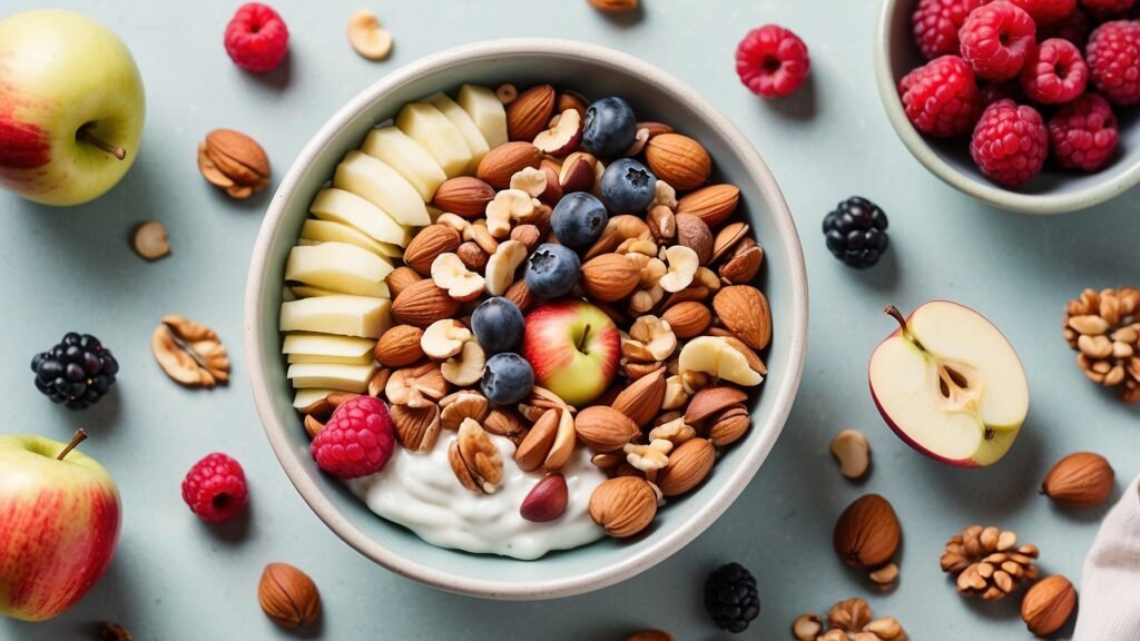 Leonardo Diffusion XL Healthy snack flat lay nuts yogurt bowl 0